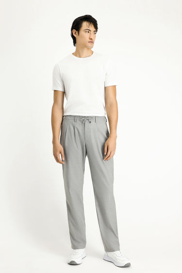 Açık Gri Regular Fit Beli Lastikli İpli Likralı Pileli Pantolon