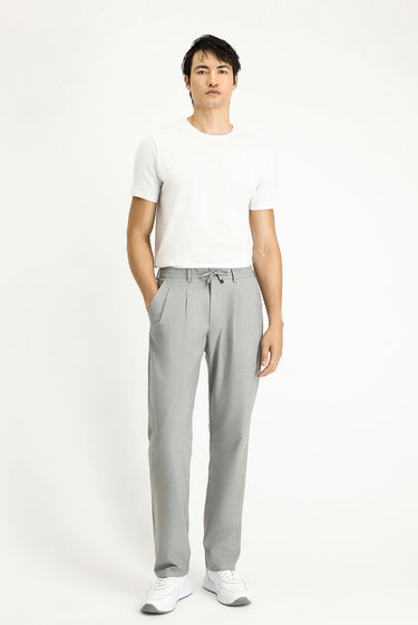 Açık Gri Regular Fit Beli Lastikli İpli Likralı Pileli Pantolon