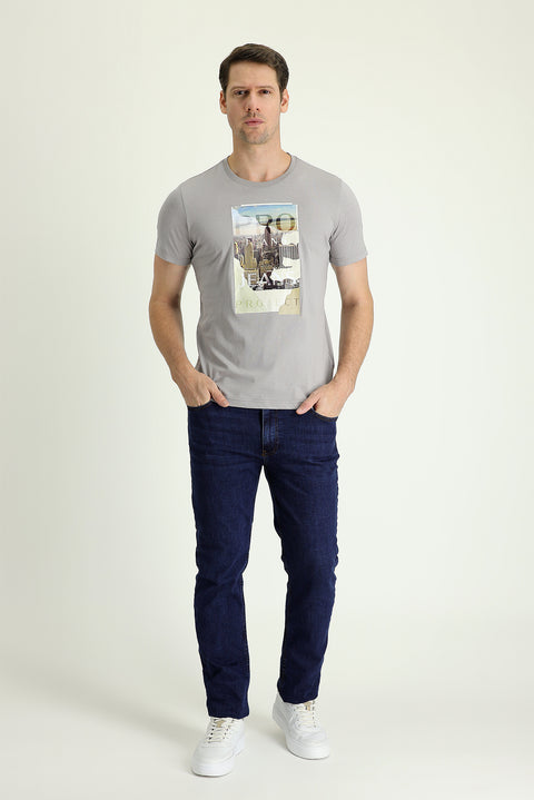 Orta Lacivert Regular Fit Standart Kesim Likralı Denim Pantolon