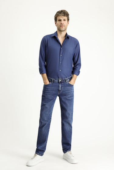 Orta Lacivert Regular Fit Likralı Denim Pantolon