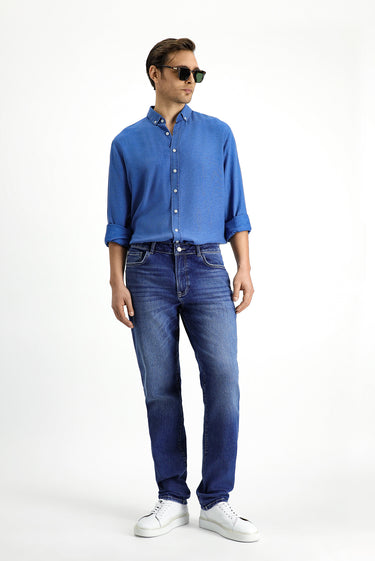 Koyu Mavi  Regular Fit Likralı Denim Pantolon