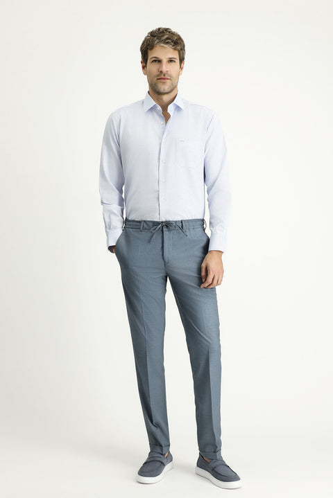 Koyu Mavi 7 Drop Super Slim Fit Eksra Dar Kesim Likralı Beli Lastikli İpli Klasik Kumaş Pantolon