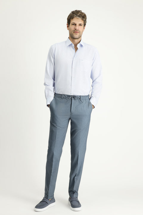 Koyu Mavi 7 Drop Super Slim Fit Eksra Dar Kesim Likralı Beli Lastikli İpli Klasik Kumaş Pantolon