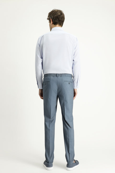 Koyu Mavi 7 Drop Super Slim Fit Eksra Dar Kesim Likralı Beli Lastikli İpli Klasik Kumaş Pantolon