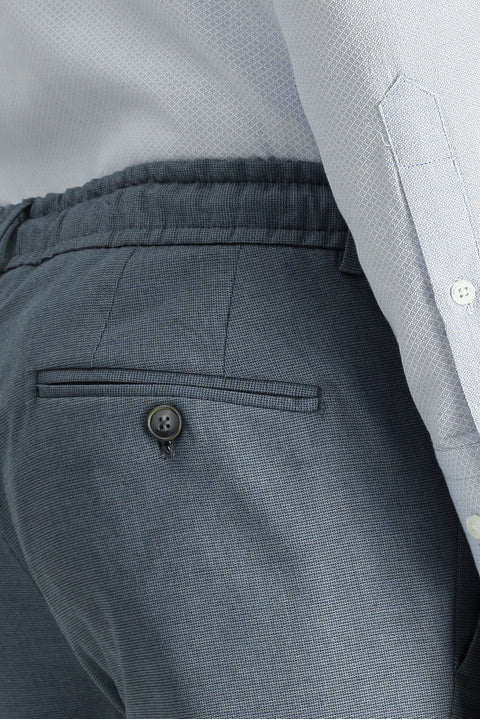 Koyu Mavi 7 Drop Super Slim Fit Eksra Dar Kesim Likralı Beli Lastikli İpli Klasik Kumaş Pantolon