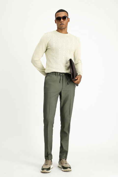Küf Yeşili 7 Drop Super Slim Fit Eksra Dar Kesim Likralı Beli Lastikli İpli Klasik Kumaş Pantolon