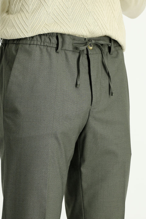 Küf Yeşili 7 Drop Super Slim Fit Eksra Dar Kesim Likralı Beli Lastikli İpli Klasik Kumaş Pantolon