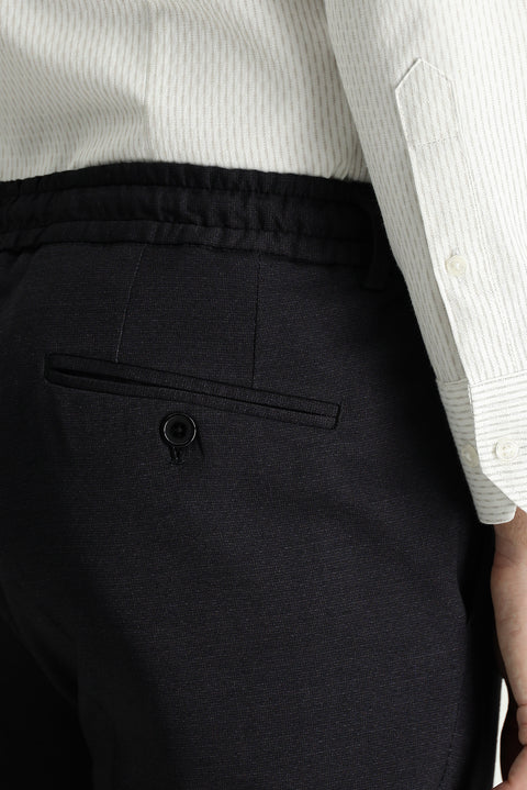 Siyah 7 Drop Super Slim Fit Eksra Dar Kesim Beli Lastikli İpli Likralı Desenli Klasik Kumaş Pantolon