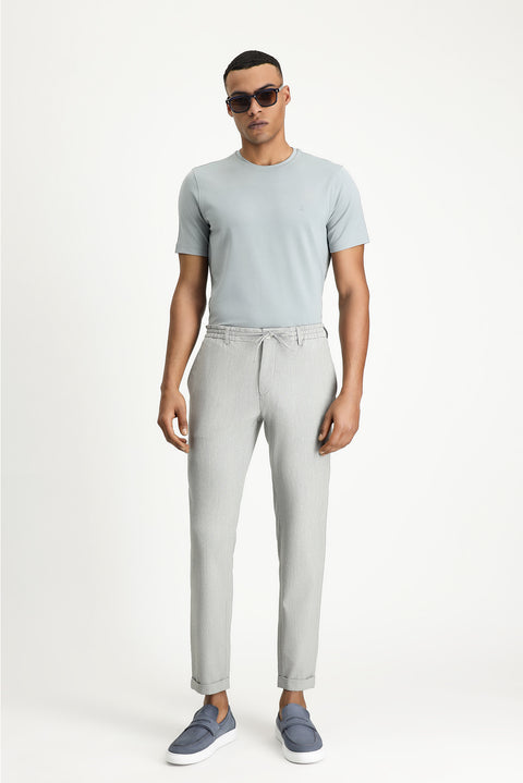 Açık Gri 7 Drop Super Slim Fit Eksra Dar Kesim Beli İpli Gofre Likralı Klasik Kumaş Pantolon