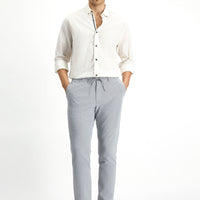 Bulut Gri Super Slim Fit Ekstra Dar Kesim Beli Lastikli İpli Gofre Likralı Klasik Kumaş Pantolon