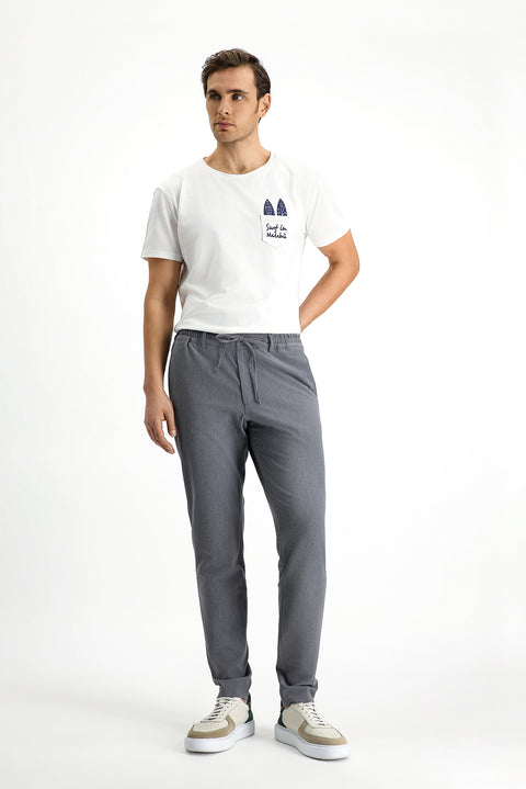 Koyu Füme 7 Drop Super Slim Fit Eksra Dar Kesim Beli İpli Gofre Likralı Klasik Kumaş Pantolon