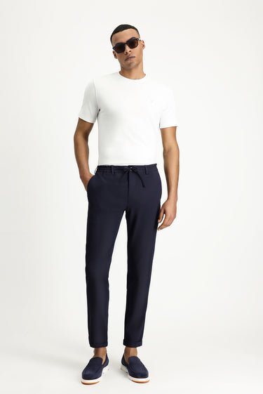 Koyu Lacivert Super Slim Fit Ekstra Dar Kesim Beli Lastikli İpli Gofre Likralı Klasik Kumaş Pantolon