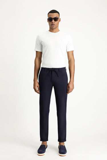 Koyu Lacivert Super Slim Fit Ekstra Dar Kesim Beli Lastikli İpli Gofre Likralı Klasik Kumaş Pantolon
