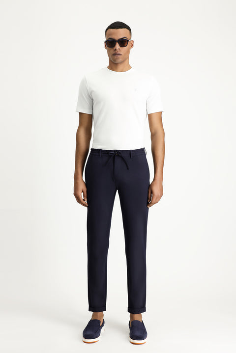 Koyu Lacivert 7 Drop Super Slim Fit Eksra Dar Kesim Beli İpli Gofre Likralı Klasik Kumaş Pantolon