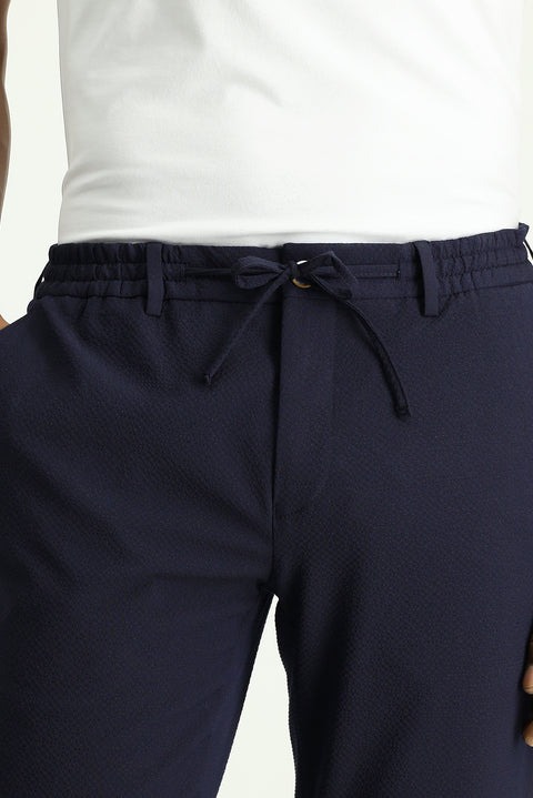 Koyu Lacivert 7 Drop Super Slim Fit Eksra Dar Kesim Beli İpli Gofre Likralı Klasik Kumaş Pantolon