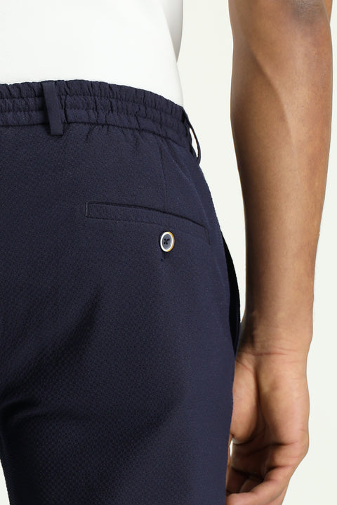 Koyu Lacivert 7 Drop Super Slim Fit Eksra Dar Kesim Beli İpli Gofre Likralı Klasik Kumaş Pantolon
