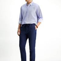 Lacivert Super Slim Fit Ekstra Dar Kesim Beli Lastikli İpli Gofre Likralı Klasik Kumaş Pantolon