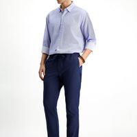Lacivert 7 Drop Super Slim Fit Eksra Dar Kesim Beli İpli Gofre Likralı Klasik Kumaş Pantolon