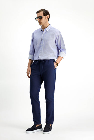 Lacivert Super Slim Fit Ekstra Dar Kesim Beli Lastikli İpli Gofre Likralı Klasik Kumaş Pantolon
