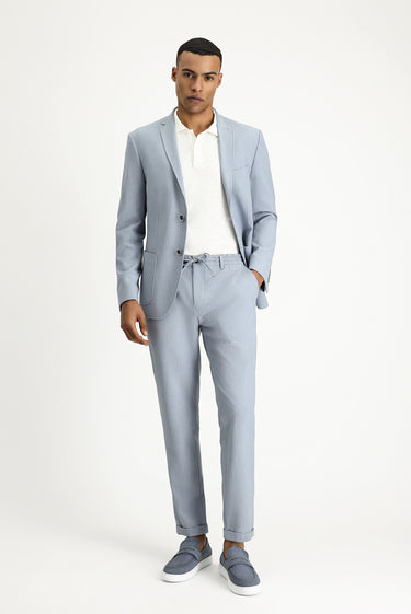 Açık Mavi Super Slim Fit Ekstra Dar Kesim Beli Lastikli İpli Gofre Likralı Klasik Kumaş Pantolon