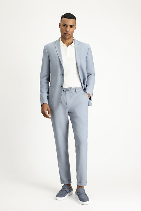 Açık Mavi 7 Drop Super Slim Fit Eksra Dar Kesim Beli İpli Gofre Likralı Klasik Kumaş Pantolon