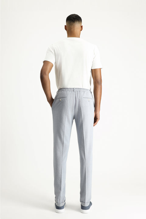 Açık Mavi 7 Drop Super Slim Fit Eksra Dar Kesim Beli İpli Gofre Likralı Klasik Kumaş Pantolon