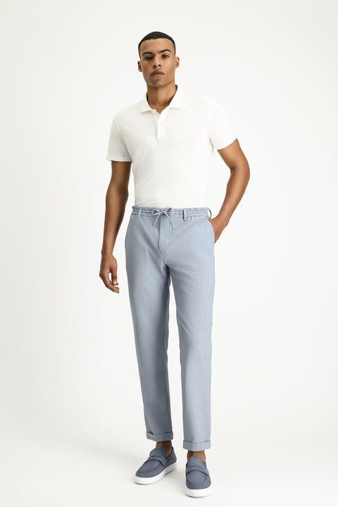 Açık Mavi 7 Drop Super Slim Fit Eksra Dar Kesim Beli İpli Gofre Likralı Klasik Kumaş Pantolon