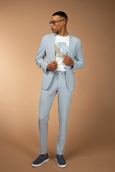 Açık Mavi Super Slim Fit Ekstra Dar Kesim Beli Lastikli İpli Gofre Likralı Klasik Kumaş Pantolon