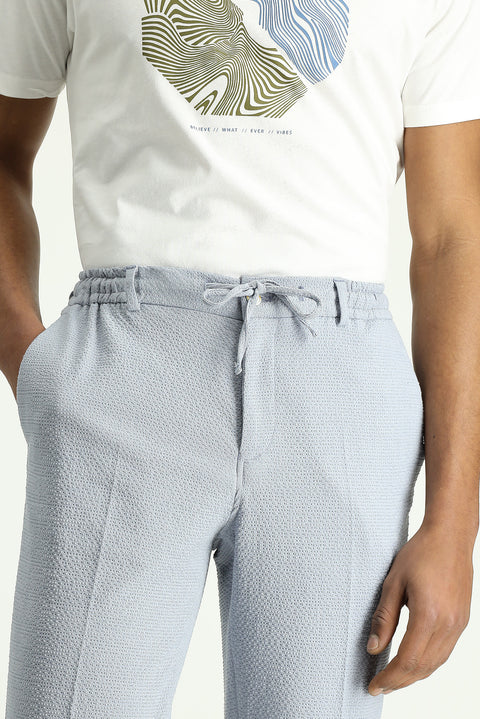Açık Mavi 7 Drop Super Slim Fit Eksra Dar Kesim Beli İpli Gofre Likralı Klasik Kumaş Pantolon