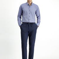 Gök Mavisi 7 Drop Super Slim Fit Eksra Dar Kesim Beli İpli Gofre Likralı Klasik Kumaş Pantolon
