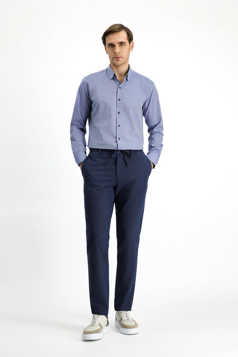 Gök Mavisi 7 Drop Super Slim Fit Eksra Dar Kesim Beli İpli Gofre Likralı Klasik Kumaş Pantolon