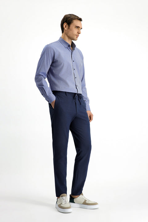 Gök Mavisi 7 Drop Super Slim Fit Eksra Dar Kesim Beli İpli Gofre Likralı Klasik Kumaş Pantolon