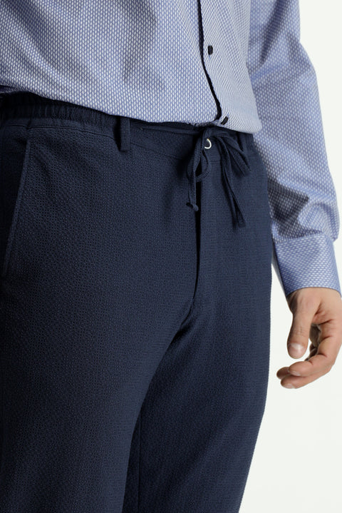 Gök Mavisi 7 Drop Super Slim Fit Eksra Dar Kesim Beli İpli Gofre Likralı Klasik Kumaş Pantolon