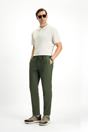 Koyu Yeşil Super Slim Fit Ekstra Dar Kesim Beli Lastikli İpli Gofre Likralı Klasik Kumaş Pantolon