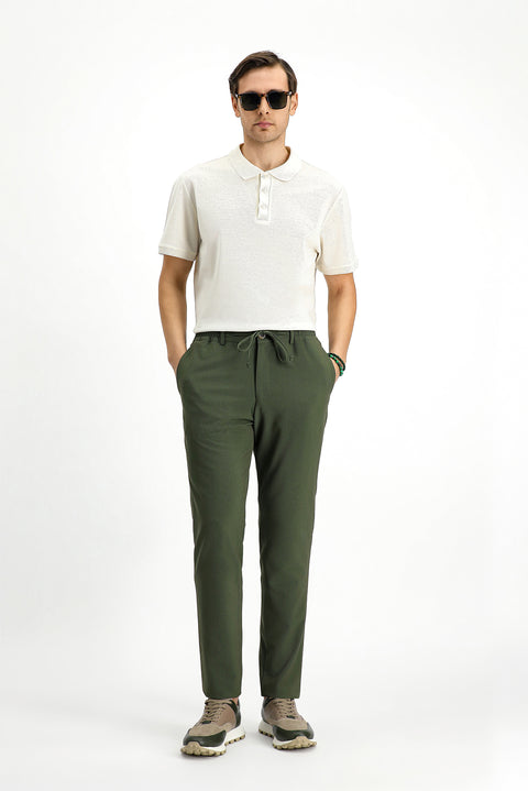 Dark Green 7 Drop Super Slim Fit Extra Narrow Cut Drawstring Seersucker Lycra Classic Fabric Trousers