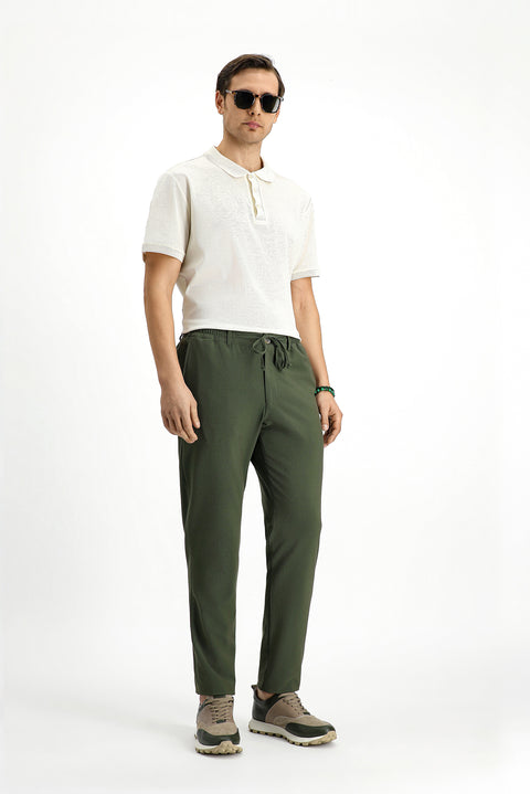 Dark Green 7 Drop Super Slim Fit Extra Narrow Cut Drawstring Seersucker Lycra Classic Fabric Trousers