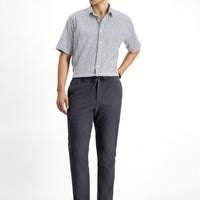 Koyu Antrasit Super Slim Fit Ekstra Dar Kesim Beli Lastikli İpli Gofre Likralı Klasik Kumaş Pantolon