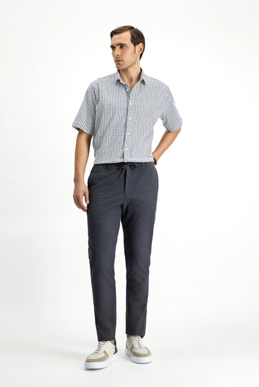 Koyu Antrasit Super Slim Fit Ekstra Dar Kesim Beli Lastikli İpli Gofre Likralı Klasik Kumaş Pantolon