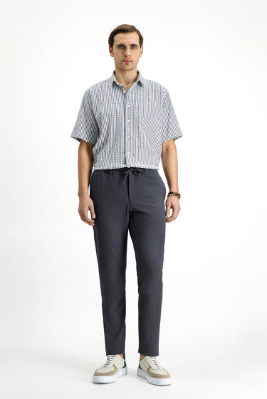 Koyu Antrasit Super Slim Fit Ekstra Dar Kesim Beli Lastikli İpli Gofre Likralı Klasik Kumaş Pantolon