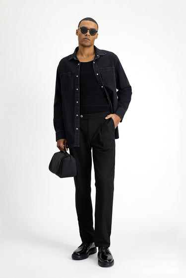 Siyah Regular Fit Tokalı Pileli Klasik Kumaş Pantolon