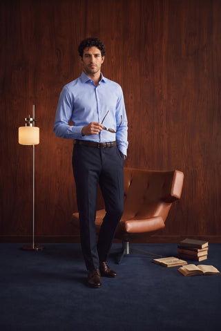 Koyu Lacivert 7 Drop Slim Fit Dar Kesim Yünlü Klasik Kumaş Pantolon