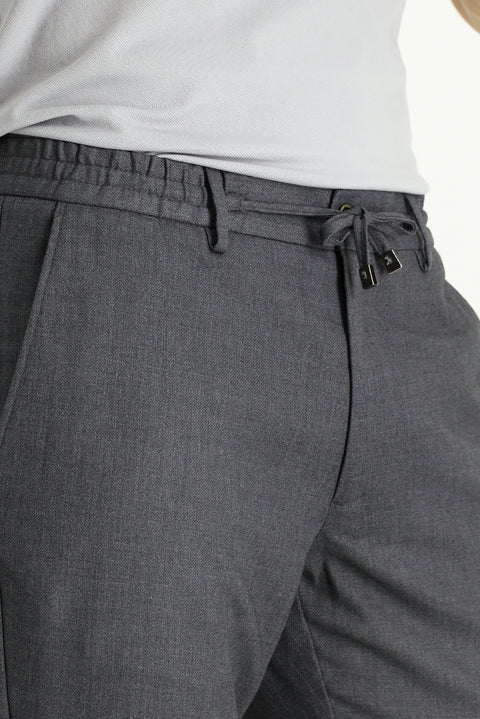 Orta Füme Slim Fit Dar Kesim Beli Bağcıklı Lastikli Pantolon