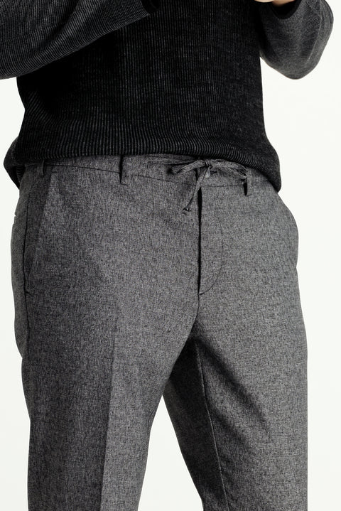 Siyah 7 Drop Super Slim Fit Eksra Dar Kesim Beli Lastikli İpli Desenli Likralı Klasik Kumaş Pantolon