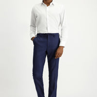 Orta Lacivert Super Slim Fit Ekstra Dar Kesim Beli Lastikli İpli Desenli Likralı Klasik Kumaş Pantolon