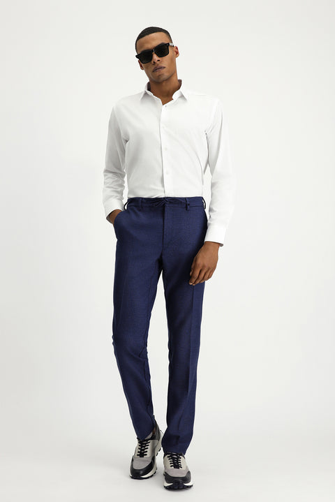 Orta Lacivert 7 Drop Super Slim Fit Eksra Dar Kesim Beli Lastikli İpli Desenli Likralı Klasik Kumaş Pantolon