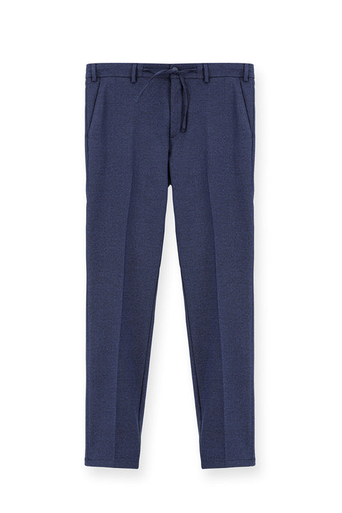 Orta Lacivert 7 Drop Super Slim Fit Eksra Dar Kesim Beli Lastikli İpli Desenli Likralı Klasik Kumaş Pantolon
