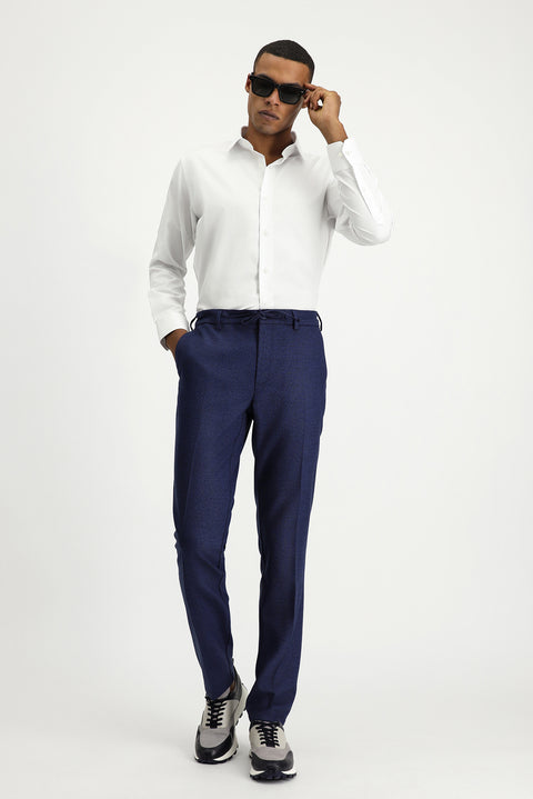 Orta Lacivert 7 Drop Super Slim Fit Eksra Dar Kesim Beli Lastikli İpli Desenli Likralı Klasik Kumaş Pantolon