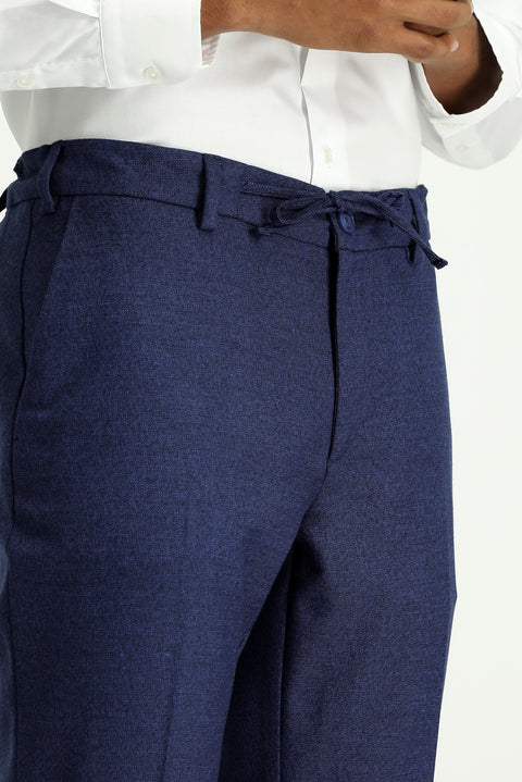 Orta Lacivert 7 Drop Super Slim Fit Eksra Dar Kesim Beli Lastikli İpli Desenli Likralı Klasik Kumaş Pantolon