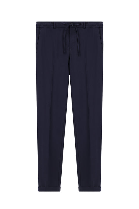 Koyu Lacivert 7 Drop Super Slim Fit Eksra Dar Kesim Likralı Beli Lastikli İpli Klasik Kumaş Pantolon