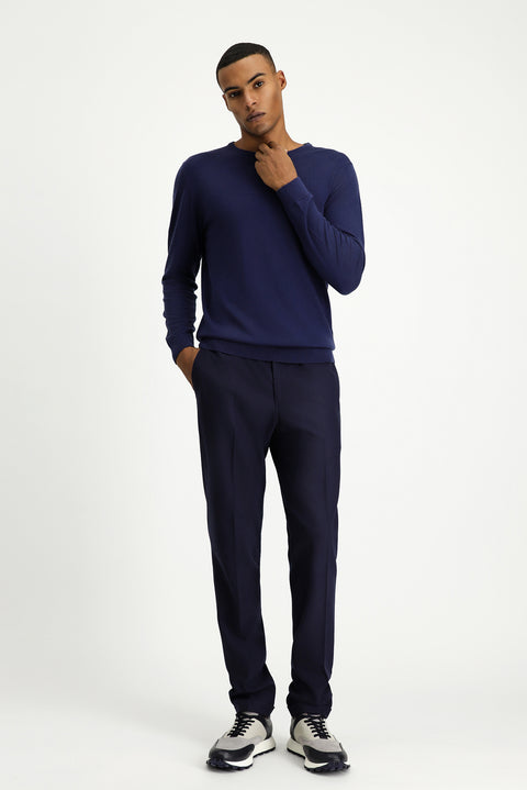 Koyu Lacivert 7 Drop Super Slim Fit Eksra Dar Kesim Likralı Beli Lastikli İpli Klasik Kumaş Pantolon